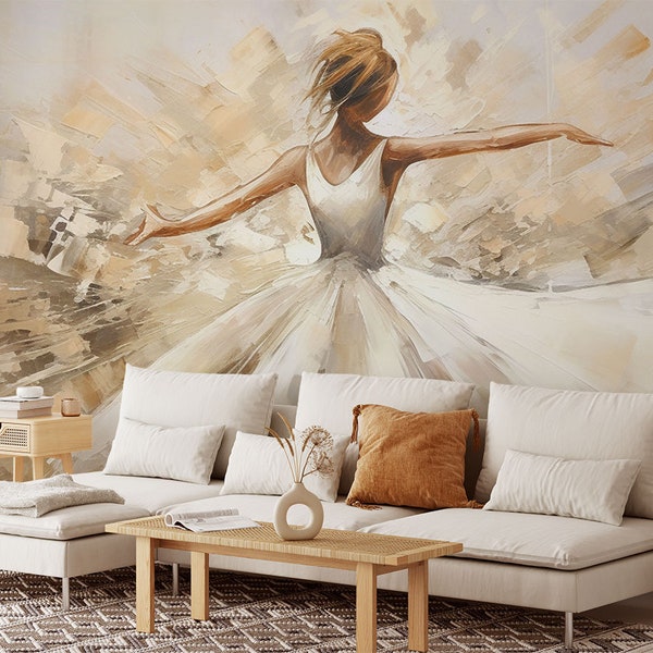 Neutral Abstract Ballerina Oil Paint Wallpaper, Peel and Stick, Dance Studio Wall Decor, Removable Self Adhesive Wall Mural