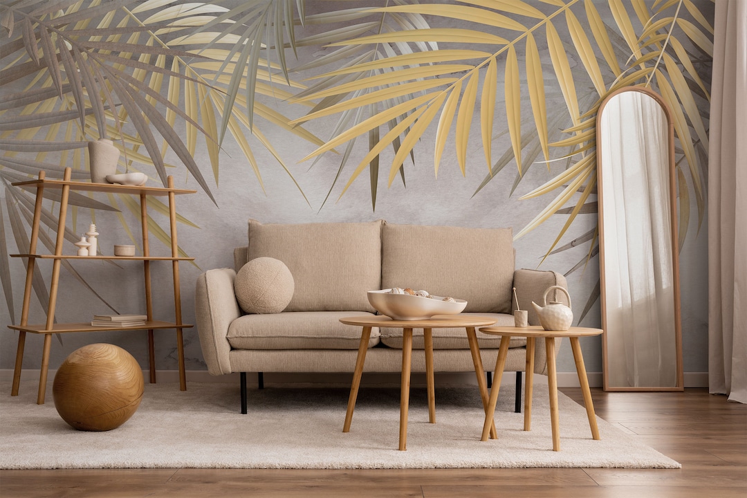 Tropical Trees and Leaves Wallpaper, Neutral Leaf Wallpaper, Soft