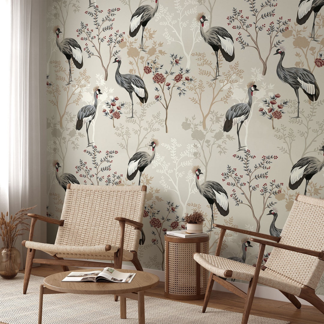 Exotic Chinoiserie Wallpaper, Garden Tree, Flowers Wallpaper, Crane ...