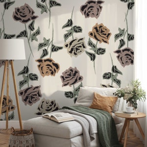 Abstract Bohemian Roses Wallpaper, Neutral Floral Removable Self Adhesive Wallpaper, Abstract Flowers Wallpaper, Peel and Stick Wall Mural