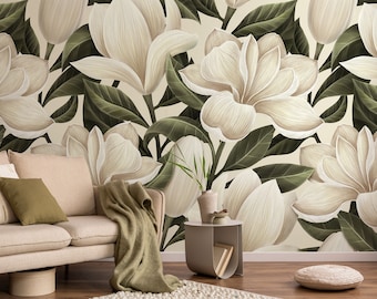 Magnolia Floral Wallpaper: Vintage Botanical Wall Mural, Beige (Peel and Stick)