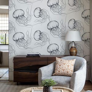 Jellyfish Wallpaper, Peel and Stick, Removable Bathroom Wallpaper, Sea Animal Pattern, Blue Ocean Wall Mural, Living Room Underwater Wall