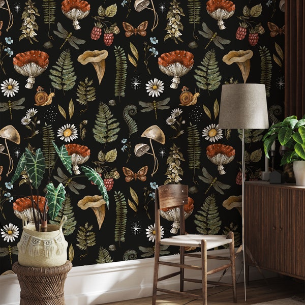 Vintage Dark Mushroom Botanical Wallpaper - Etsy