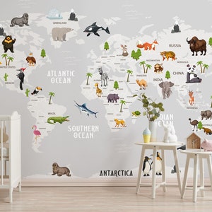 World Map Kids Wallpaper, Peel and Stick, Removable Self Adhesive Child Room Wallpaper, Nursery Wall Mural, Little Animals Baby Wallpaper