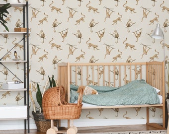 Watercolor Monkey Wallpaper: Peel and Stick Nursery Wall Mural