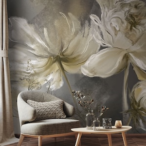 Abstract Floral Wallpaper, Peel and Stick, Vintage Flowers Oil Paint Wall Mural, Removable Mural, Self Adhesive Wallpaper