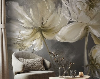 Vintage Flowers Oil Paint Wallpaper, Abstract Floral Wall Mural, Removable Mural, Peel and Stick, Self Adhesive Wallpaper