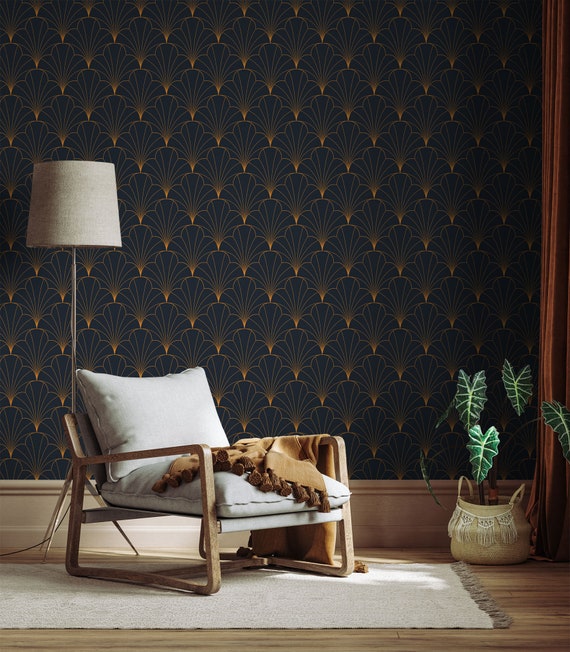 Dark Art Deco Peel and Stick Wallpaper: Geometric Line Art Mural