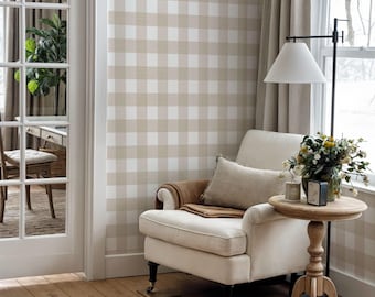 Beige Gingham Plaid Wallpaper: Neutral Peel and Stick Mural