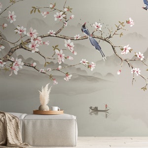 Chinoiserie Wallpaper Peel and Stick, Asian Wallpapers, Wallpaper with Chinese Birds and Flowers, Soft Wallpaper, Removable Self Adhesive