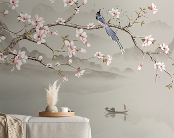 Chinoiserie Wallpaper Peel and Stick, Asian Wallpapers, Wallpaper with Chinese Birds and Flowers, Soft Wallpaper, Removable Self Adhesive