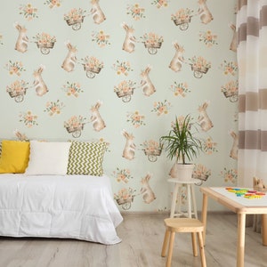 Easter Spring Bunny Kids Wallpaper, Watercolor Baby Room Wall Mural, Bunny and Flowers Nursery Mural, Nursery Peel and Stick, Self-Adhesive