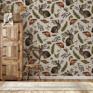 Mystical Hare and Mushroom Vintage Inspired Wallpaper, Botanical Peel and Stick, Mushroom Wallpaper, Farmhouse Wall Decor, Removable
