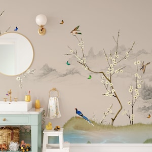 Chinoiserie Magnolia Flowers and Birds Wallpaper, Chinese Landscape Wall Mural, Floral Chinoiserie Peel and Stick, Self-Adhesive Removable