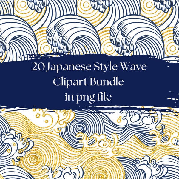 20 Japanese Style Wave Clipart Bundle| Gold-plated Design|Japanese Art Download|Japanese design png|Ocean Waves Clipart|Minimalistic Wave