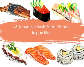 Lot de 45 motifs sushi japonais|Cuisine japonaise à télécharger| Clipart de sushi|Icône de sushi png|Illustration de sushi|Sushi de dessin animé|Autocollant de sushi