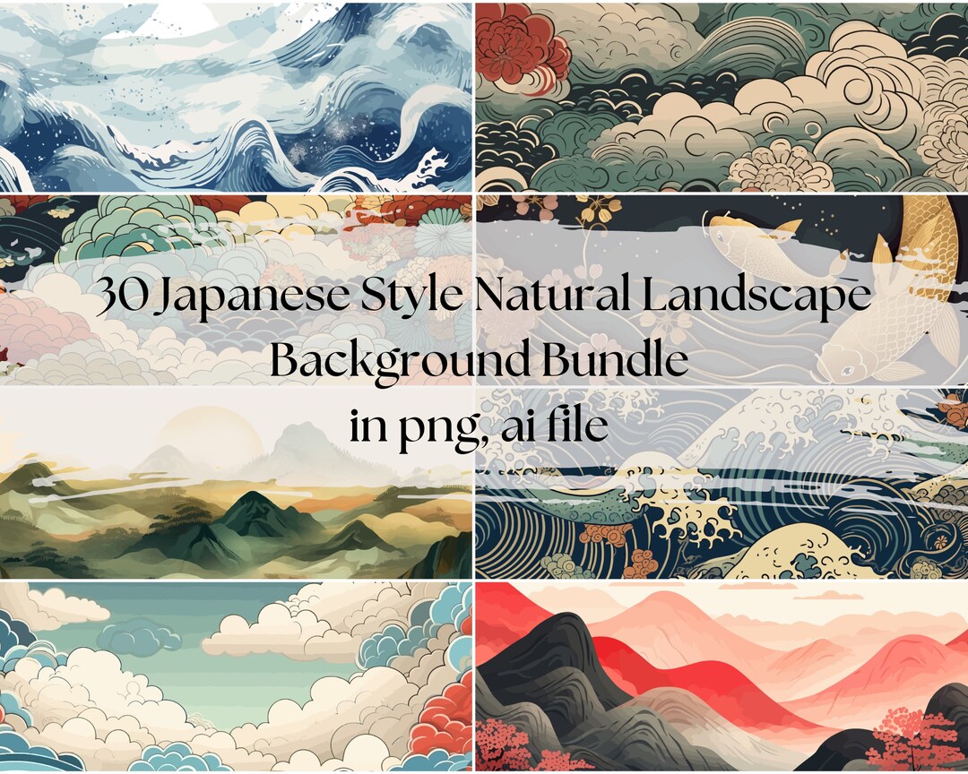 30 Japanese Style Natural Landscape Background Bundle|waves Design ...