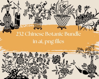 Op de afbeelding: Een set van 232 zwart-wit Chinese botanische illustraties in AI- en PNG-bestandsformaten. De illustraties tonen verschillende bloemen, planten en vazen.