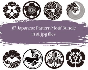 Set med 87 japanska mönstermotiv | Orientaliska element | Utskrivbara dekorativa japanska | Japansk design clipart | Japansk ikon jpg | Japansk konst