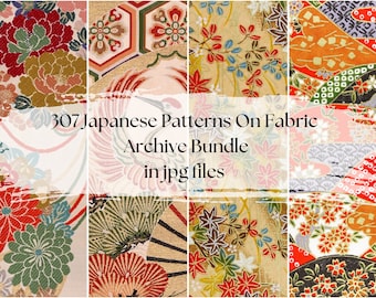 Puede incluir: Un collage de 307 patrones japoneses de tela en un paquete de archivo digital. Los patrones presentan una variedad de colores, incluidos el rojo, el dorado y el azul, y representan diseños japoneses tradicionales como flores, pájaros y formas geométricas. El texto "307 Japanese Patterns On Fabric Archive Bundle in jpg files" se muestra sobre un fondo blanco.