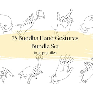 Puede incluir: Un conjunto de 75 gestos de manos de Buda en estilo de arte de línea en blanco y negro. El texto "75 Buddha Hand Gestures Bundle Set in ai, png files" está escrito en un cuadro amarillo.
