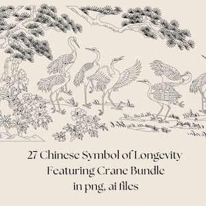 Op de afbeelding: Een zwart-witte lijntekening van 27 Chinese kraanvogel illustraties. De kraanvogels zijn afgebeeld in verschillende poses, sommige vliegen, sommige staan en sommige lopen. De afbeelding bevat de tekst "27 Chinese Symbol of Longevity Featuring Crane Bundle in png, ai files".