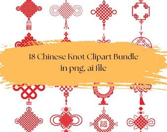 Paquete de 18 imágenes prediseñadas de nudos chinos / Elementos orientales / Imágenes decorativas chinas imprimibles / Imágenes prediseñadas de la suerte / Símbolo chino