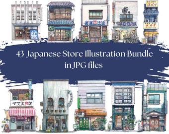 43 japanska butiksillustrationer | Nedladdning av japanska byggnader | Japansk arkitektur | Digitalt klistermärke med japanska illustrationer | Japansk design