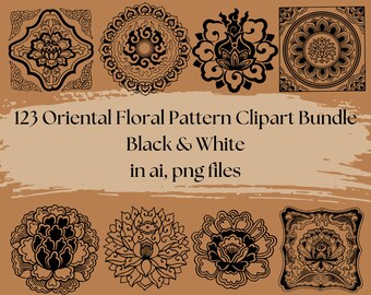 Op de afbeelding: Een set van 10 zwart-witte oosterse bloemenpatroon clipart-afbeeldingen in AI- en PNG-bestandsformaten. De ontwerpen bevatten ingewikkelde bloemenmotieven en geometrische patronen.
