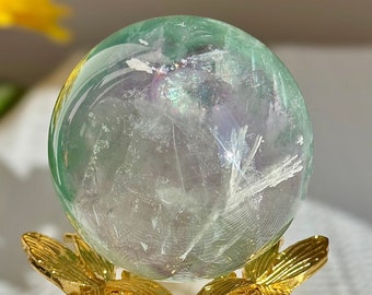 387g Fluorite Crystal Sphere on Stand & Vibrant Rainbow Colors. Purple and Green Fluorite Meditation Crystal Ball for Altar Decor and Gift