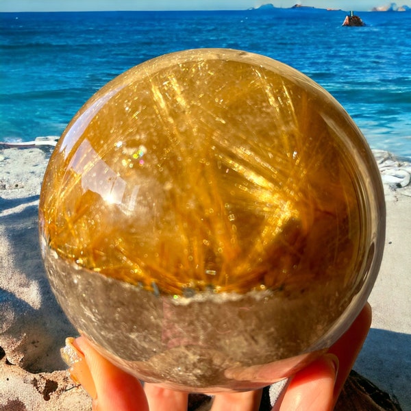 91mm Golden Rutiles Rutilated Garden Quartz Crystal Ball on Stand - AAA Rare Powerful Healing Crystal Sphere Abundance/Protection/Home Decor