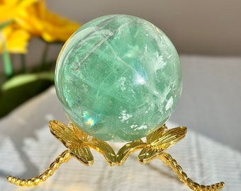 483g Fluorite Crystal Sphere on Stand & Vibrant Rainbow Colors. Purple and Green Fluorite Meditation Crystal Ball for Altar Decor and Gift