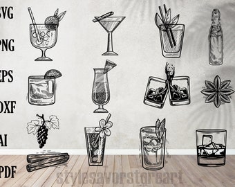 16 Hand Drawn Drink Illustrations SVG & PNG Files Cocktail Clip Art ...
