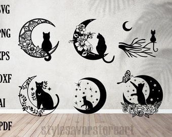 Cat and moon phases SVG, Magic cat svg, Magic illustration svg, Witchcraft svg, Boho svg, Boho illustration svg, Magic Illustration svg,