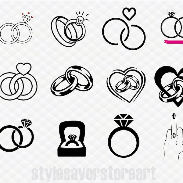 Mariage anneaux Svg Bundle, bague Svg, mariage Svg, Clipart, Silhouette, Cricut, bague de fiançailles SVG, mariage Svg