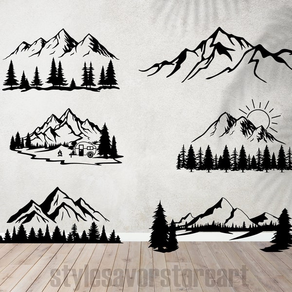 Montagnes Svg, Png, Eps | Arbres svg | Forêt Svg Cricut| Clipart Svg de montagne | Fichier de coupe Svg silhouette | Svg extérieur | Svg de voyage | Paysage Svg