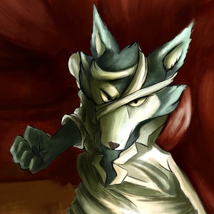 Puede incluir: Una criatura azul parecida a un lobo con un vendaje blanco sobre los ojos corre hacia adelante con una capa roja ondeando detrás de ella. La criatura lleva una camisa blanca y pantalones marrones.