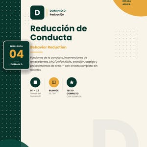 Puede incluir: Una mini-guía titulada Reducción de Conducta Behavior Reduction, con una barra lateral verde oscuro con puntos blancos, un círculo amarillo e iconos para estudiar, organizar, repasar y aplicar. Incluye texto sobre funciones de conducta, intervenciones y crisis.