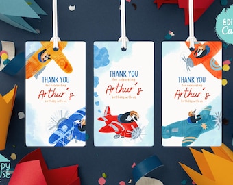 Aviator Penguin Danke Tags | Flugzeuge Party | SOFORTIGER DOWNLOAD | Drucken