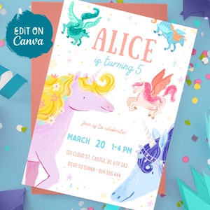Unicorns & Pegasus Birthday Invitation | Editable Digital Template | INSTANT DOWNLOAD | Print/Share
