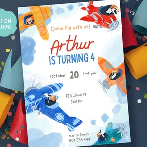Fliegerpinguin Einladung | Flugzeug-Party | Bearbeitbare digitale Vorlage | SOFORTIGER DOWNLOAD | Drucken/Weiterleiten
