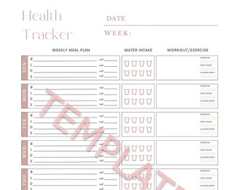 May include: A printable health tracker with sections for weekly meal plans, water intake, workout and exercise, and vitamins and supplements. The tracker is designed for a week and includes daily sections for breakfast, lunch, dinner, and snacks.