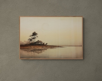 Vintage Lake House Landscape Art Print (Digital Download)
