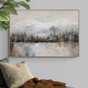 Winter Landscape Snowy Mountain Trees Neutral Colors Digital Art Digital Download, Winter Printable, Winter Art Decor, Winter Print