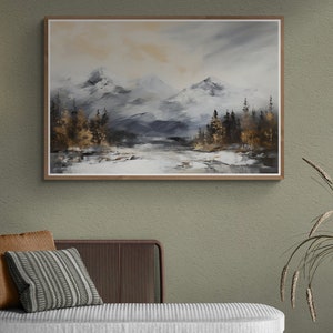 Winter Mountain Landscape Art Print: Snowy Gold Trees (Digital Download)
