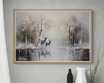 Snowy Landscape with Reindeer Digital Art, Christmas Printable, Holiday Wall Art, Christmas Print, Christmas Art Decor