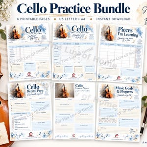 Può includere: Un set per la pratica del violoncello con sei pagine stampabili in formato US Letter e A4. I fogli includono tracker per la pratica, appunti delle lezioni e obiettivi musicali, decorati con illustrazioni ad acquerello di violoncelli.