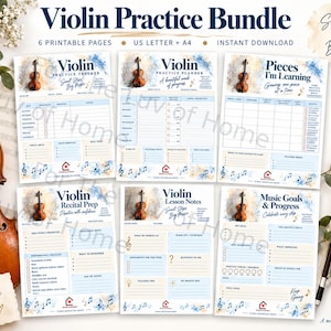 May include: A violin practice bundle featuring six printable pages with blue and tan watercolor accents. The pages include a practice tracker, planner, learning log, recital prep, lesson notes, and music goals, all decorated with violin imagery.