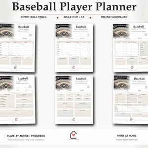 May include: A set of six printable Baseball Player Planner pages featuring a black and white baseball field graphic at the top. Each page includes sections for tracking practice, training, game performance, and player progress with organised tables.
