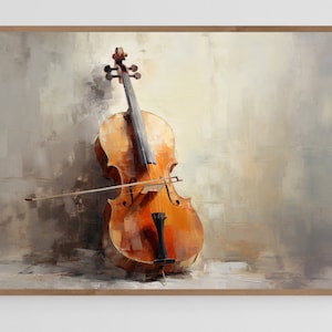 May include: A painting of a cello with a brown wooden body and a light brown background. The cello is lying on its side with the bow resting on the strings.